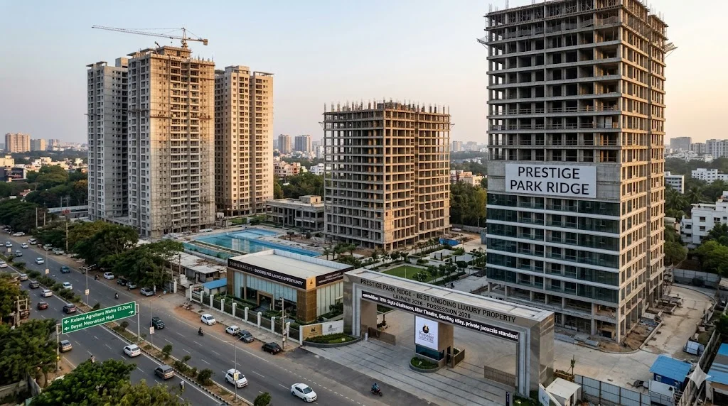 High-rise luxury apartment construction and ongoing residential projects in Bannerghatta Road near Meenakshi Mall and IIM Bangalore.